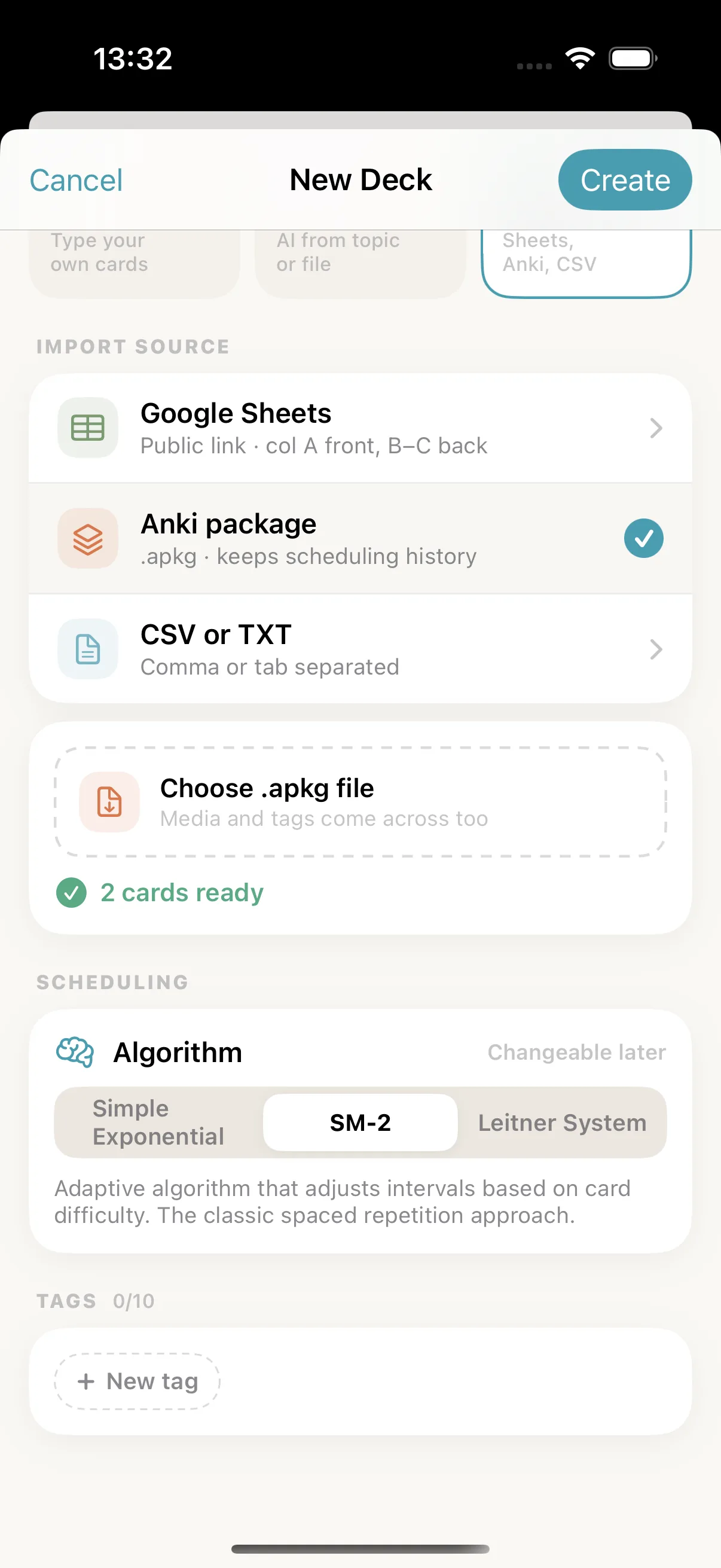 Memor More import screen reporting two cards ready from a three-card Anki package, with SM-2 selected