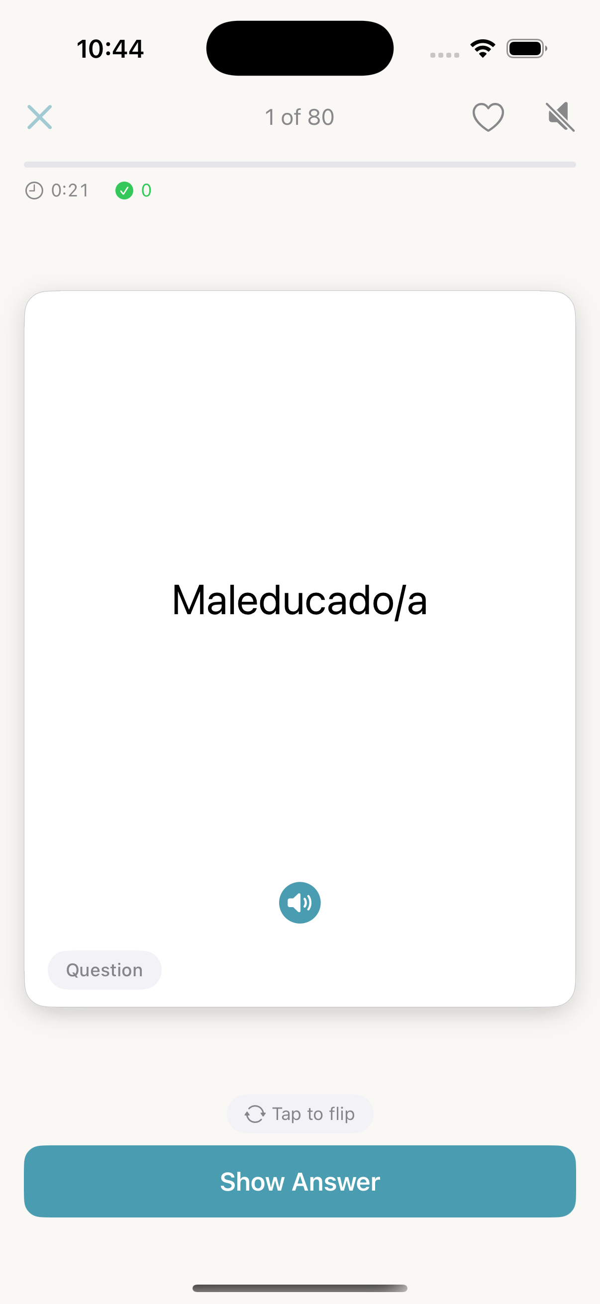 The first Spanish review card in Memor More 1.3.3 with a Show Answer button