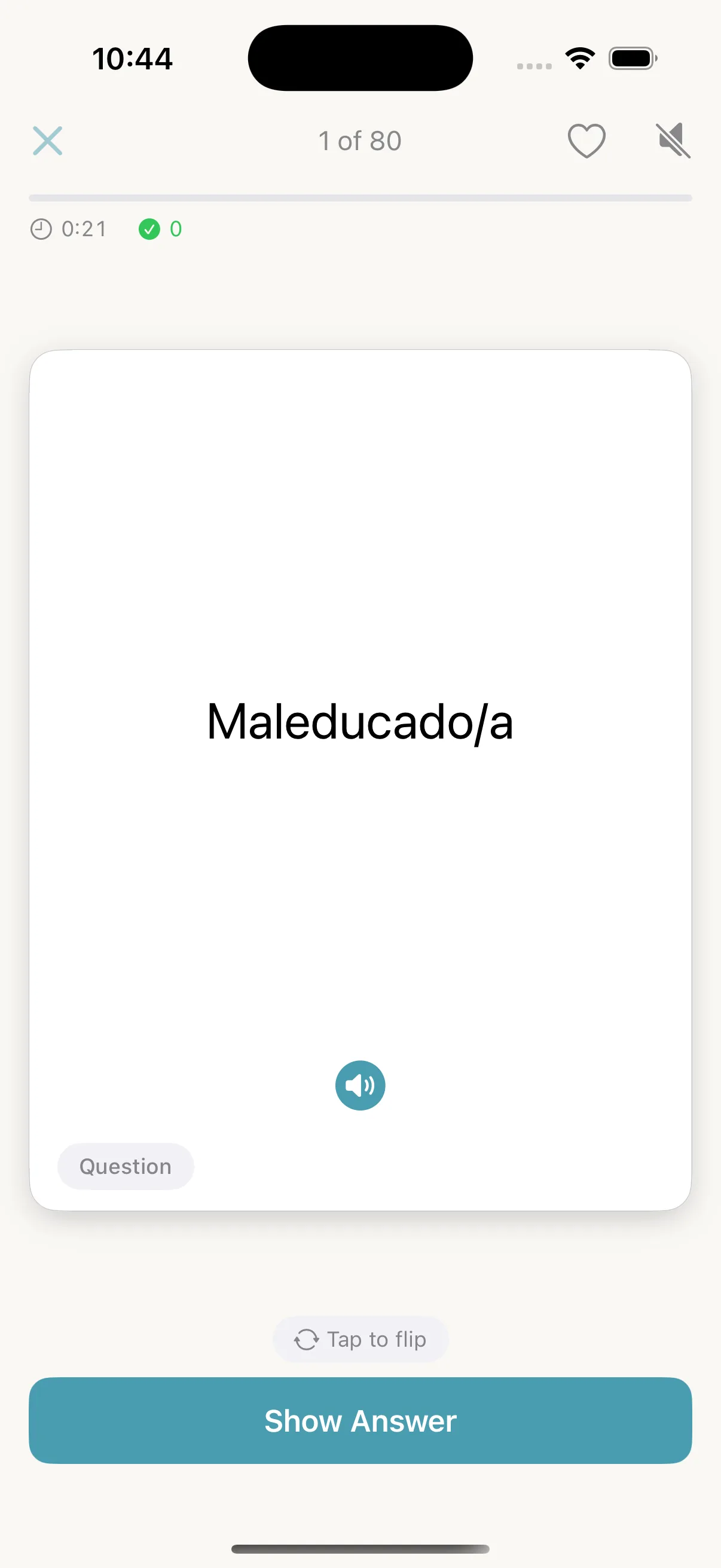The first Spanish review card in Memor More 1.3.3 with a Show Answer button
