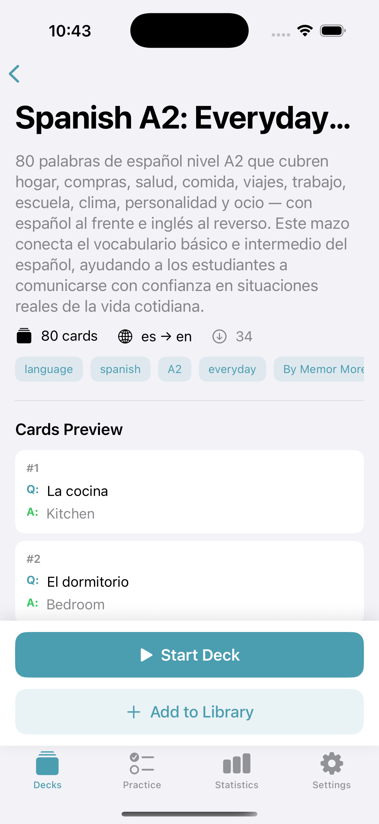 Memor More 1.3.3 public Spanish A2 deck detail on an iPhone 16 Pro simulator