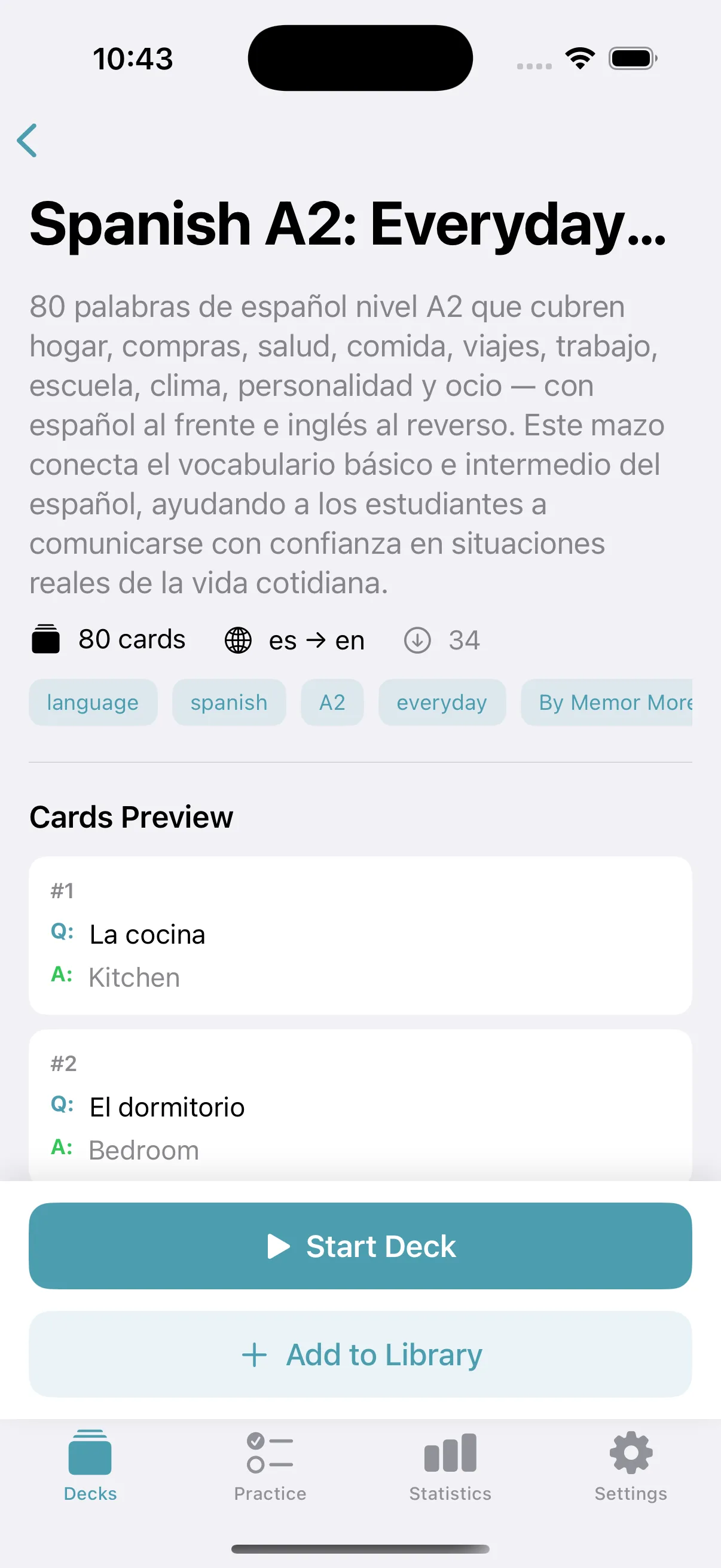 Memor More 1.3.3 public Spanish A2 deck detail in the iPhone interface