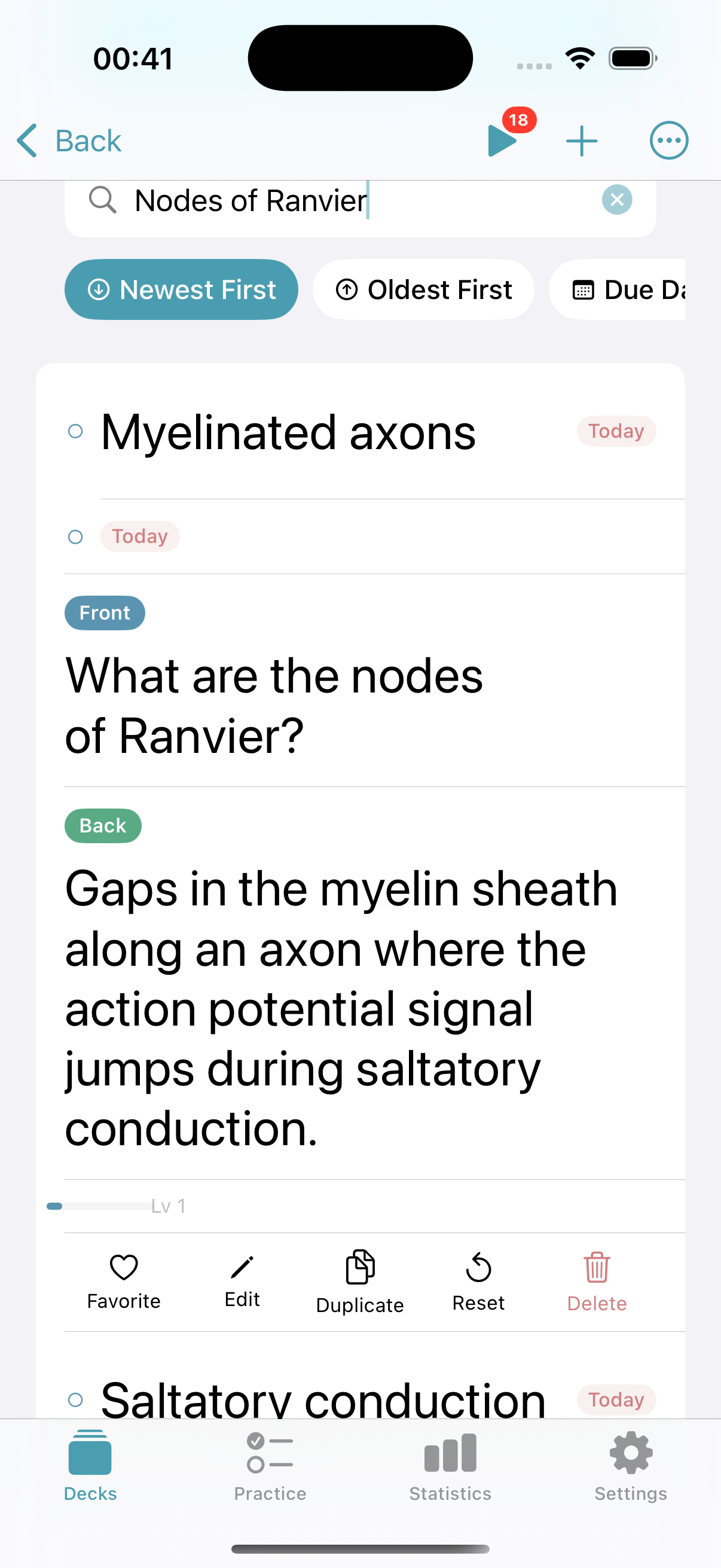 The saved card detail after rewriting Nodes of Ranvier as What are the nodes of Ranvier