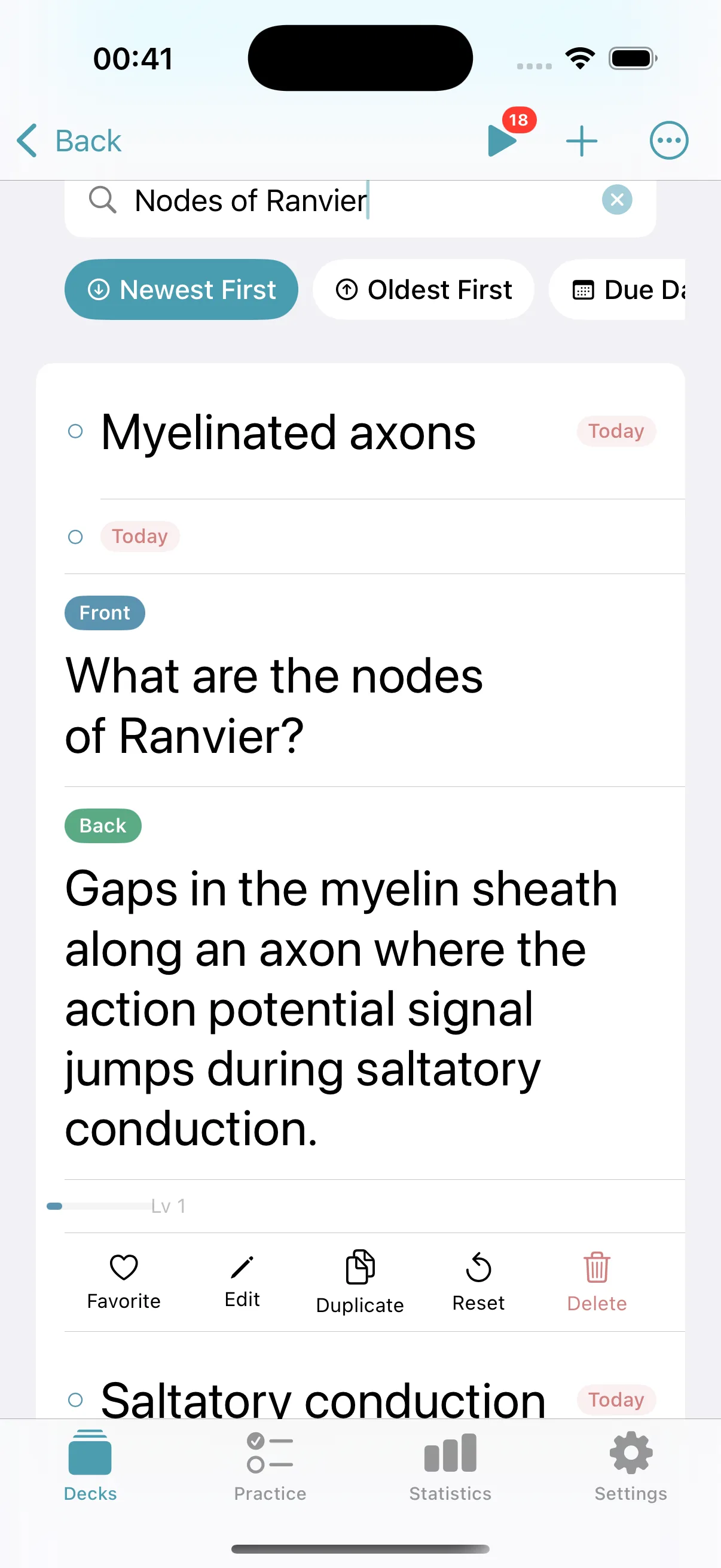 The saved card after changing Nodes of Ranvier to What are the nodes of Ranvier