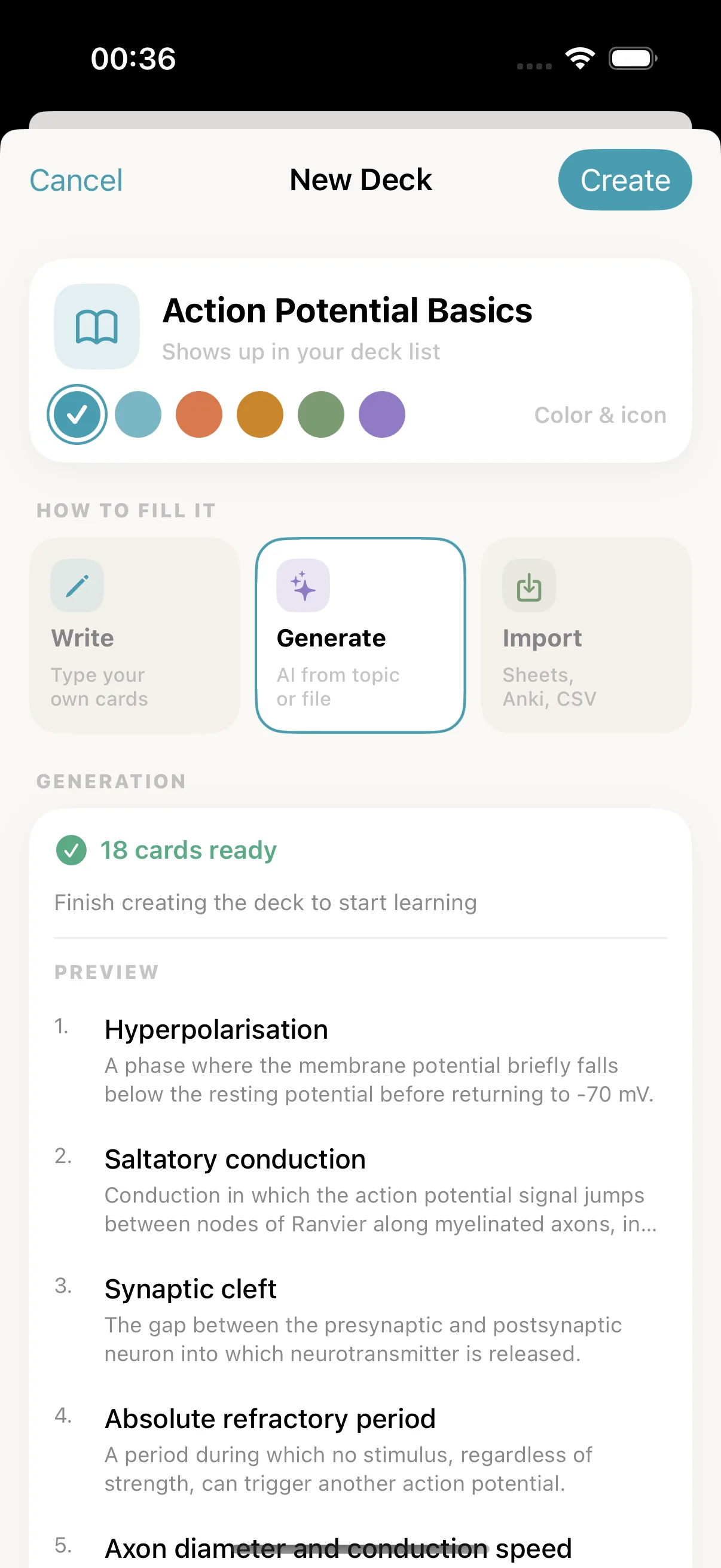 The generator preview in Memor More 1.3.3 offering 18 cards for the Action Potential Basics deck