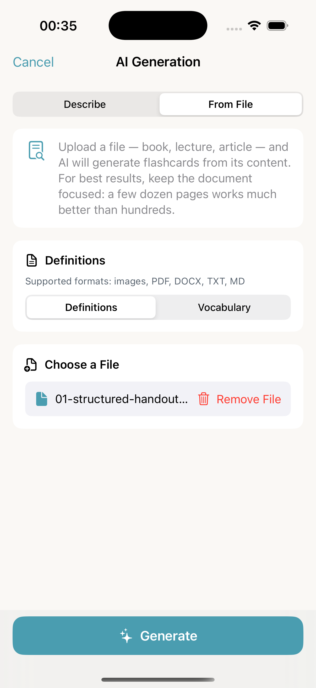 The From File tab in Memor More 1.3.3 with a one-page action-potential PDF selected in Definitions mode