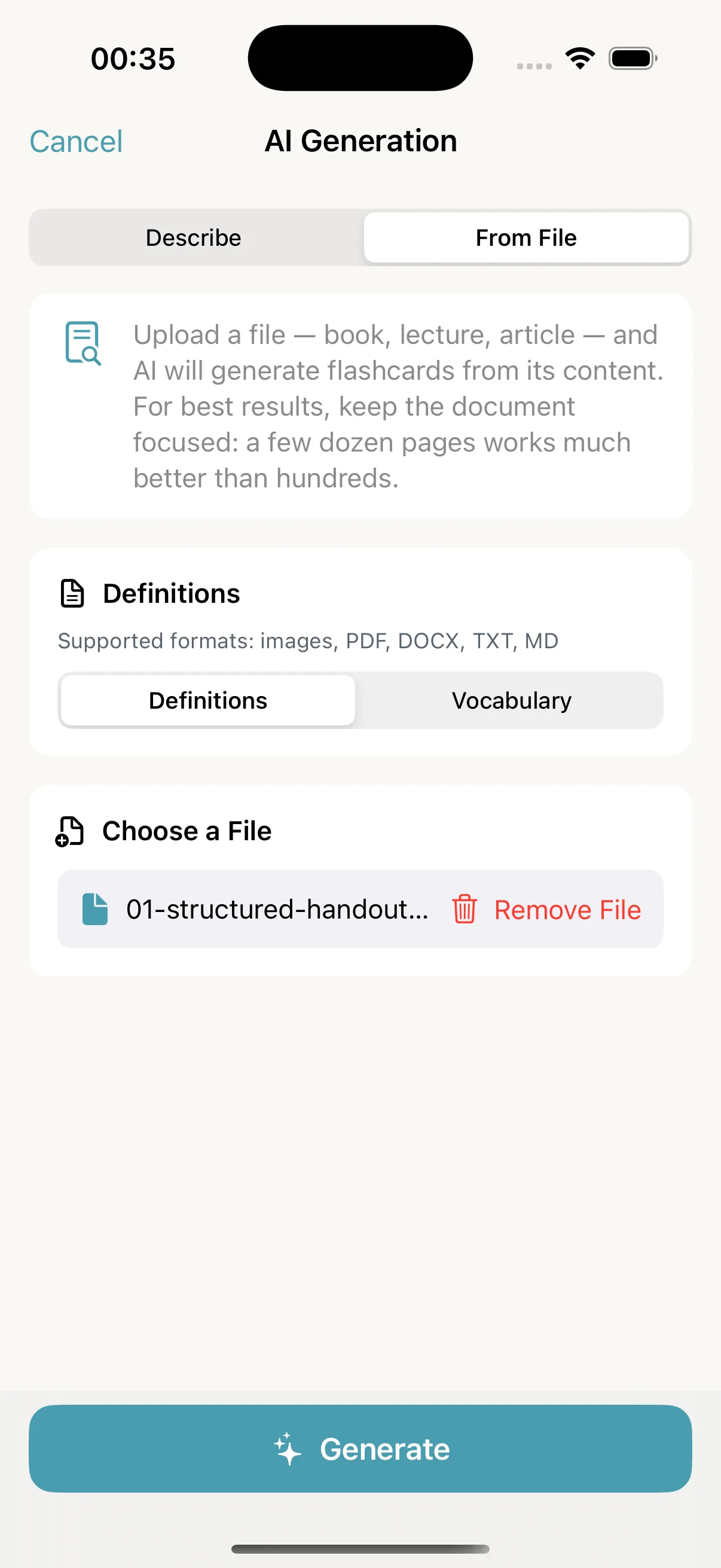 The From File tab in Memor More 1.3.3 with a one-page action-potential PDF selected in Definitions mode