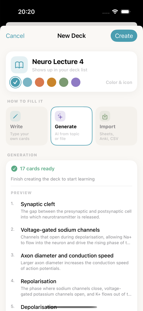 Memor More showing 17 cards ready with a preview list of generated flashcards and a suggested deck name of Neuro Lecture 4