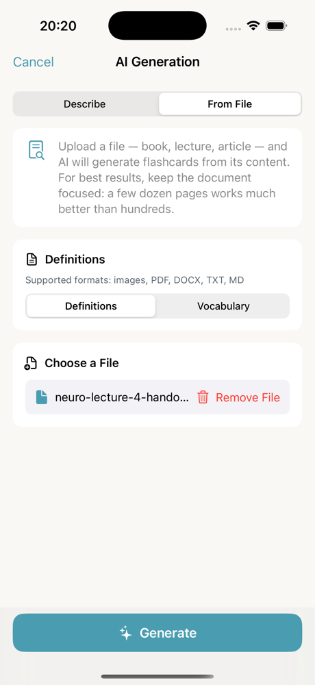 The From File tab in Memor More with a PDF named neuro-lecture-4-handout.pdf attached and Definitions mode selected
