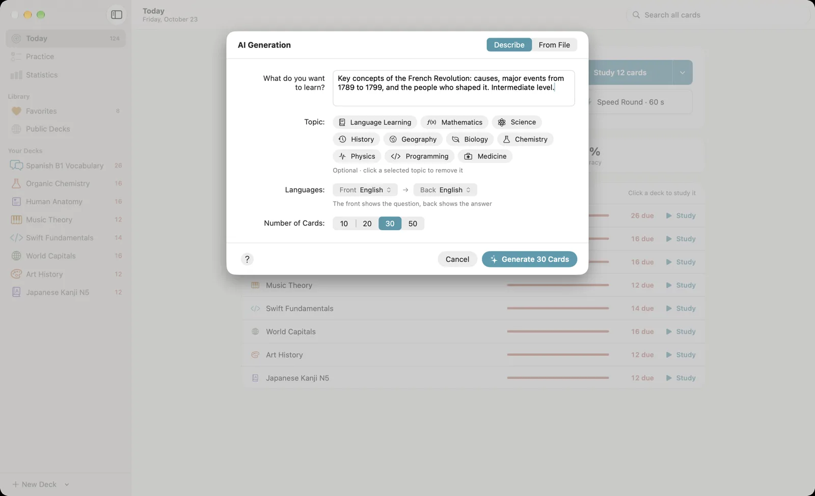 The AI Generation sheet on Mac: a description of the French Revolution, topic chips, front and back language pickers, a choice of 10, 20, 30 or 50 cards with 30 selected, and a Generate 30 Cards button