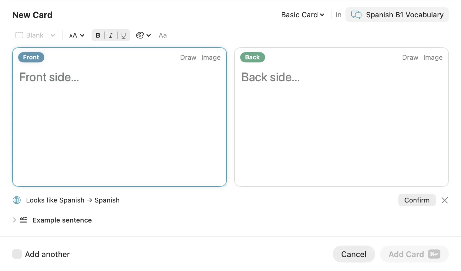 The New Card sheet in Memor More for Mac with empty Front and Back fields side by side, formatting tools above them, and an Add another checkbox next to Cancel and Add Card buttons