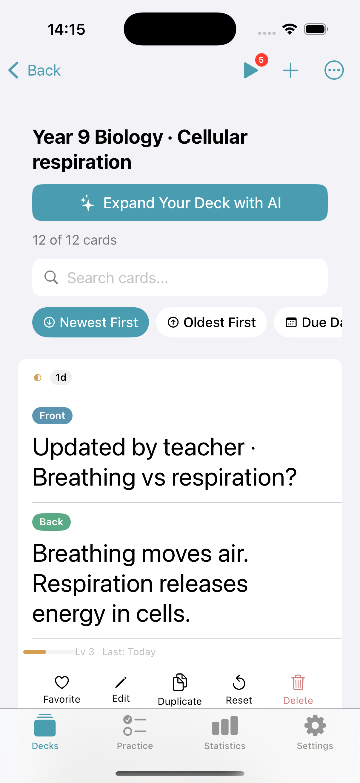 Corrected breathing versus respiration card with due tomorrow, level 3 and last reviewed today still visible
