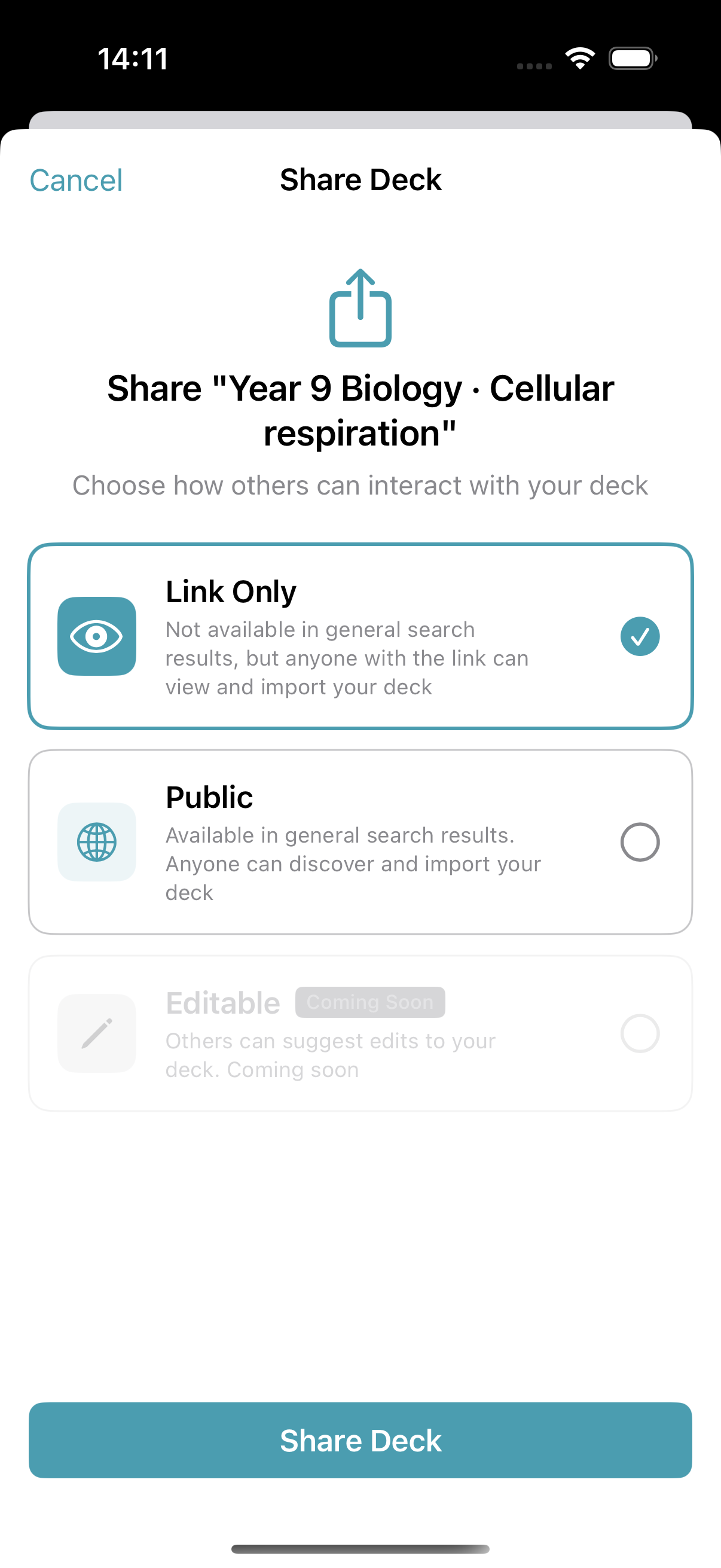 Memor More share screen with Link only and Public options, and Editable marked Coming soon
