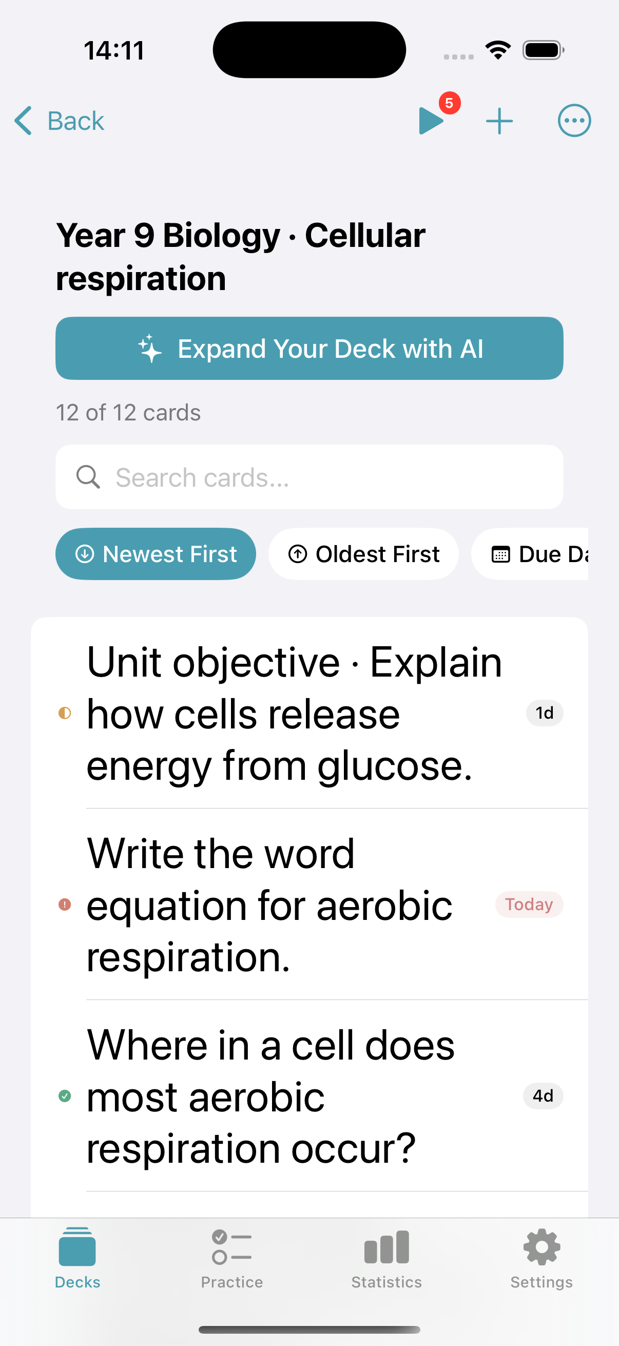 Student copy of the structured biology deck with cards due today, tomorrow and in four days