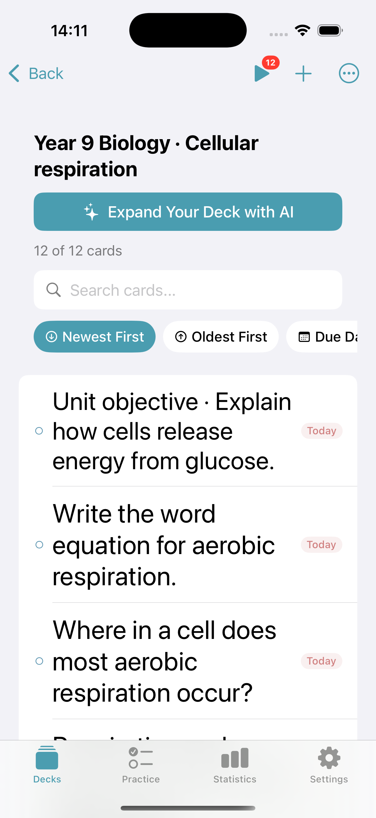 Memor More teacher deck containing a structured 12-card Year 9 biology unit on cellular respiration